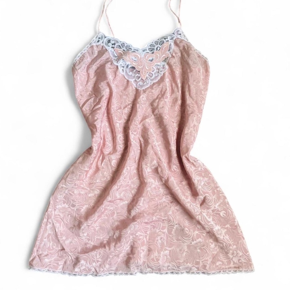 Val Mode Slip Dress Pink White Lace Trim